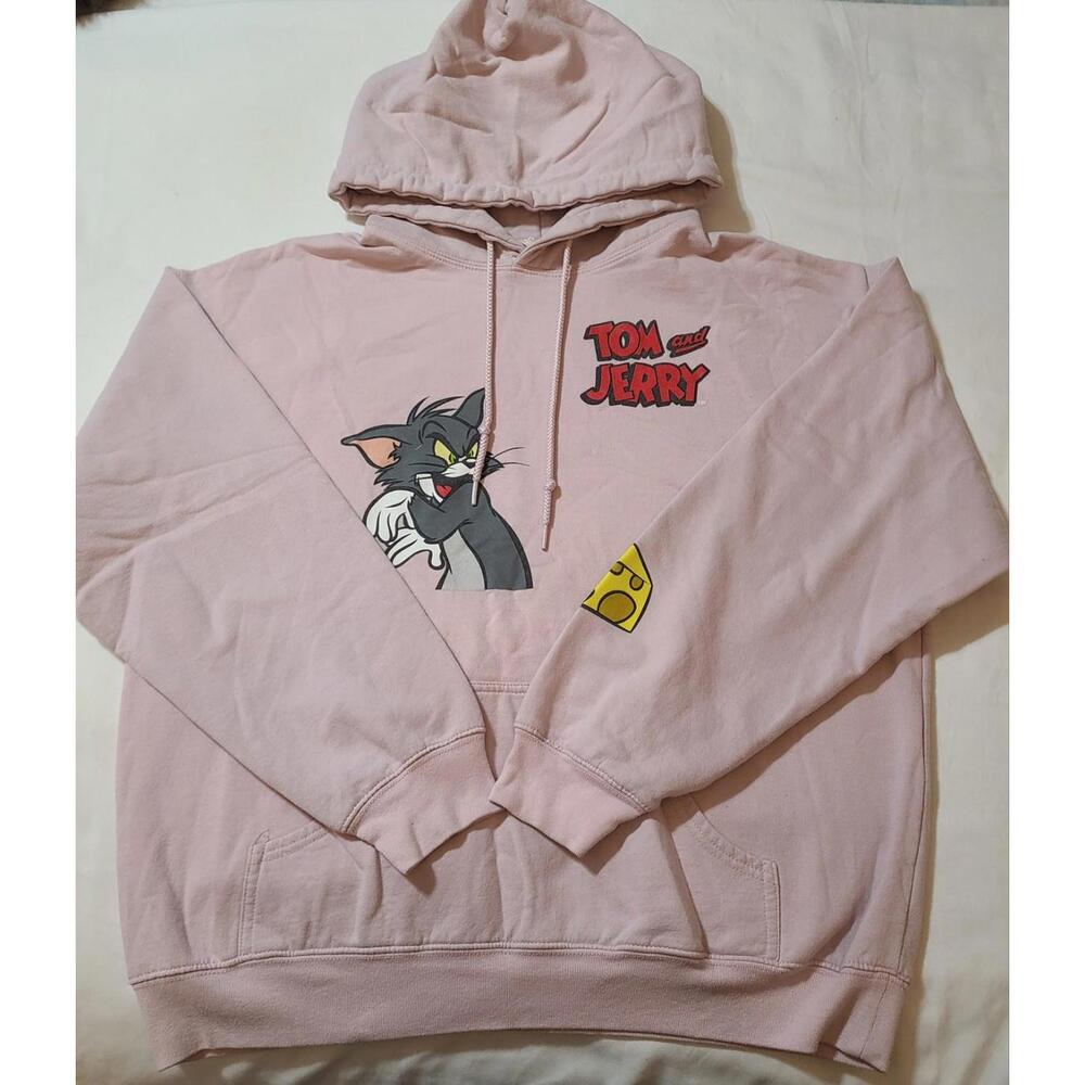 Tom & Jerry Hoodie Unisex Size Large Pink Double Sided Sweatshirt Cartoon Casual
